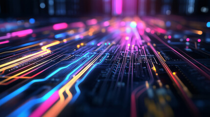 Wall Mural - close-up shot of a semiconductor chip embedded on a motherboard, with an array of colorful circuit p