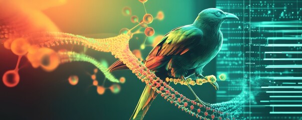 Genetic Research Imagery Featuring Colorful Bird and DNA Strand