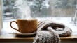 © Nijat - On the ledge, a cuddly knit scarf and a steaming cup of tea provide warmth against the bitterly cold winter weather.