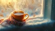 © Nijat - On the ledge, a cuddly knit scarf and a steaming cup of tea provide warmth against the bitterly cold winter weather.