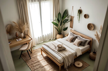 A serene small space bedroom designed in modern Japandi style featuring natural materials and light colors