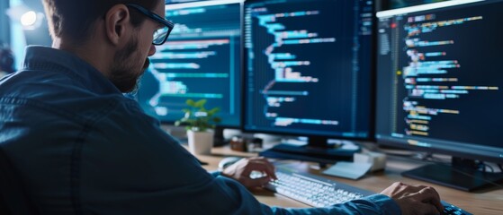 Wall Mural - a focused programmer works late at night, intently coding on dual monitors, bathed in a cool, techno