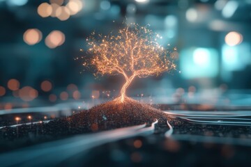 Wall Mural - Glowing Digital Tree Emerging from Ground