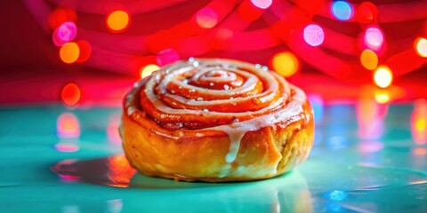 A sweet cinnamon roll with a white glaze and sprinkles sits on a teal surface, bathed in the soft glow of festive lights.