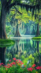 Poster - Tranquil bayou landscape in Cajun country reflecting lush greenery and vibrant flowers under soft morning light