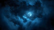 © john - Full moon illuminating a dark, cloudy night sky with dense blue fog. Halloween background , nighttime ambiance, lunar light concept, gothic aesthetic, eerie atmosphere.