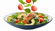 © l1gend - floated Grilled chicken meat and fresh vegetable salad of tomato, avocado, lettuce and spinach falling into a plate isolate on transparency background PNG