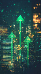 Aufkleber - Economic growth and business success illustrated by green arrows rising over a city at night