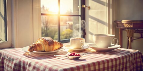 Poster - A Simple Breakfast by the Window with Steam Rising from a Cup of Coffee, a Fresh Croissant, and a Spoon of Raspberries on a Red and White Checkered Tablecloth