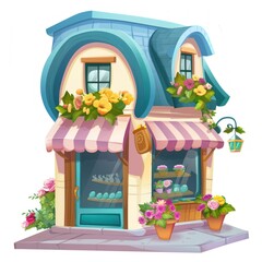 Poster - Cartoon of flower shop architecture building house.