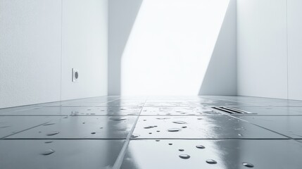 Leinwandbilder - Sunlit tiled floor with a drain and water droplets, creating a tranquil ambiance in a modern bathroom setting