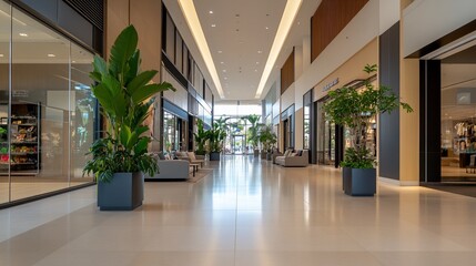 Wall Mural - A modern shopping mall hallway with large windows, potted plants, and seating areas.