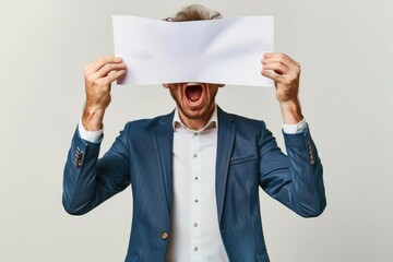 man in a suit holds a blank paper covering his eyes, shouting with frustration or surprise