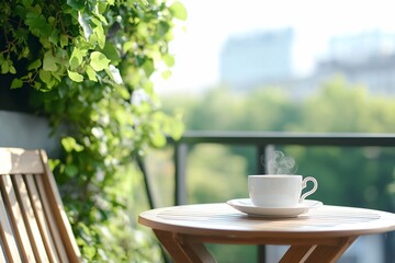 Canvas Print - A steaming cup of coffee on a wooden table on a balcony with green plants and a blurred city background.