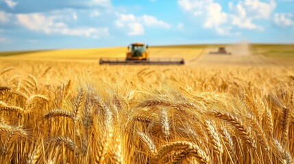 A golden Kansas wheat field stretches under a vibrant sky with harvesters working in the distance during late summer