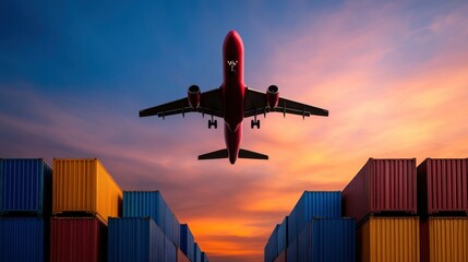 Airplane taking off over shipping containers at sunset