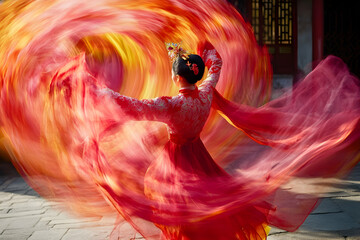 A graceful dancer swirls vibrant red fabric in an ancient courtyard during a sunny afternoon