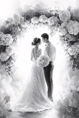 Captivating moment of love a bride and groom embraced in an ethereal floral archway symbolizing forever togetherness and romance in black and white