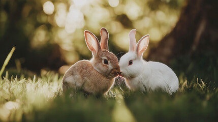 two rabbits sitting side by side in a meadow, surrounded by soft grass and bathed in warm, golden li