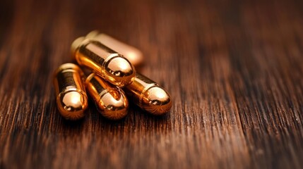 Close-up of Four Golden Bullet Shells on Wooden Surface