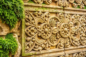 Wall Mural - Close-up of beige stone wall with intricate carvings and moss growth, design, nature, beige, organic, natural