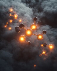 Leinwandbilder - A glowing molecular structure floating amidst dark clouds in a surreal, scientific landscape representing energy and chemistry