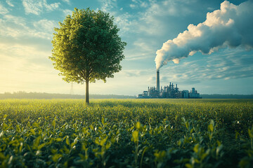 A green tree and meadow with clear air in comparison to a factory emitting pollution and its impact on climate change.