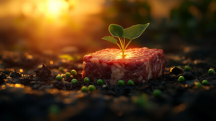 
Upscale (S)
22m




A meat with a leafy plant emerging from the center, surrounded by a pea seed and warm glow to symbolize the sustainable, plant-based protein options, Generative AI