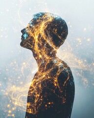 Leinwandbilder - A serene silhouette of a human figure filled with vibrant golden energy and light against a soft backdrop, representing inner thoughts and creativity