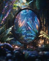 Poster - A mystical mirror reflects vibrant foliage in an enchanting dreamscape forest filled with soft light and magical colors