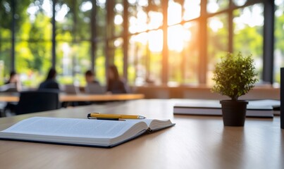 Wall Mural - Open book with pen on wooden table in a modern office with blurred background.