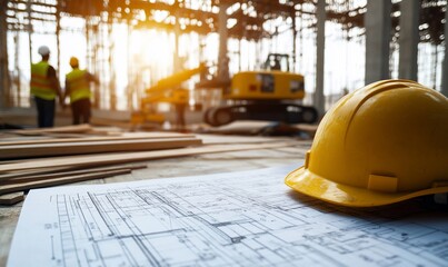 Wall Mural - a yellow hardhat sits on construction blueprints in front of a construction site.