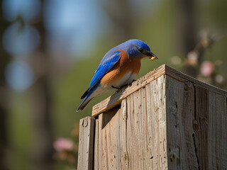 Wall Mural - A pair of Eastern Bluebirds on a nesting box in Spring.