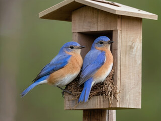 a pair of eastern bluebirds on a nesting box in spring.