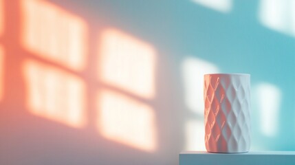 White ceramic cup with geometric pattern on a white surface against a blue and orange wall with light patterns.