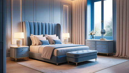 Wall Mural - Design of a cozy blue cartoon bedroom with luxurious furniture and modern style