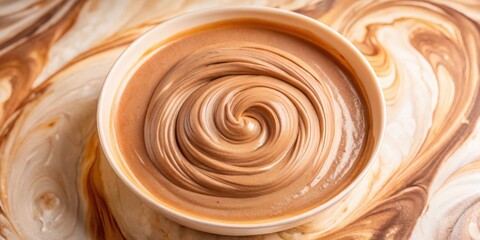 Poster - Whipped chocolate ganache in a white bowl on a marbled surface, swirling texture and silky smooth, ready to be devoured.