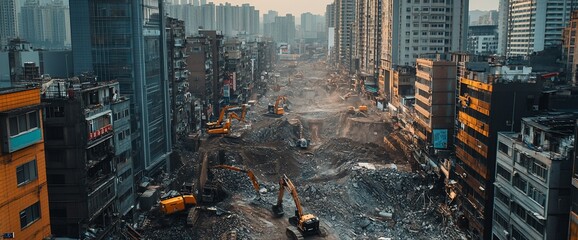 Wall Mural - an aerial view of a city street undergoing major demolition with construction equipment and debris.