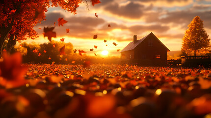 Wall Mural - Autumn Sunset with Falling Leaves and House, cabin, rural, nature, landscape, golden hour