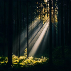 Wall Mural - Sun Rays Through Forest Trees, woods, woodland, sunlight, sunbeams, nature