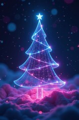 Wall Mural - A glowing digital wireframe figure of a Christmas tree on a dark background. The wireframe lines radiate a vibrant mix of blue and pink hues.