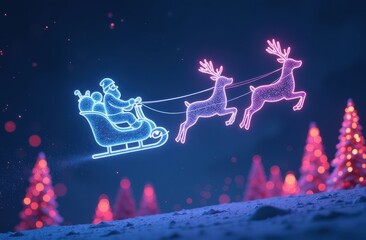 Wall Mural - A glowing digital figure of Santa Claus flying in a sleigh pulled by reindeer. A dark sky, snow below, and glowing Christmas trees. Wireframe lines radiate bright blue and pink hues.