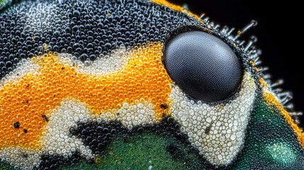 A close-up view of a colorful insect's eye, revealing a complex structure of tiny bubbles and hairs