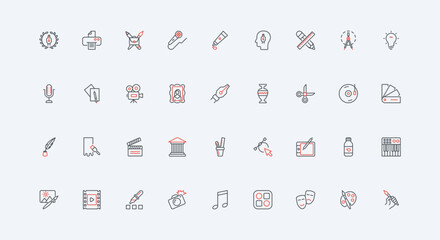 Poster - Digital art project, graphic design and music, artwork and tools line icon set. Vision and portfolio, imagination and software of designer thin black and red outline symbols vector illustration