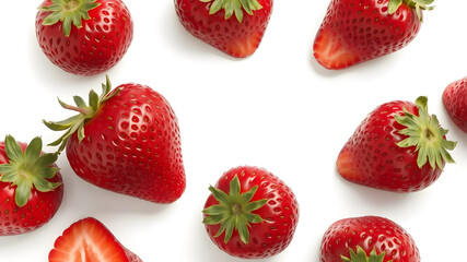 Fresh red strawberries with half slice isolated on white background, top view, flat lay.