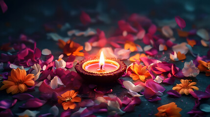 Poster - Diwali with a lit diya candle, surrounded by vibrant flowers and petals, symbolizing the triumph of light over darkness. Greeting card design template