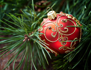 Christmas decoration on rustic wooden background. Close up.