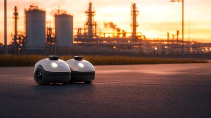 Two small autonomous robots with a large industrial plant in the background at sunset.