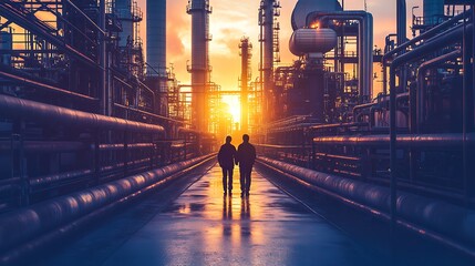 Two workers walk through a refinery at sunset. (1)