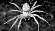 © Yuri - monochrome spider art, a black and white image of a white spider dangling from a web